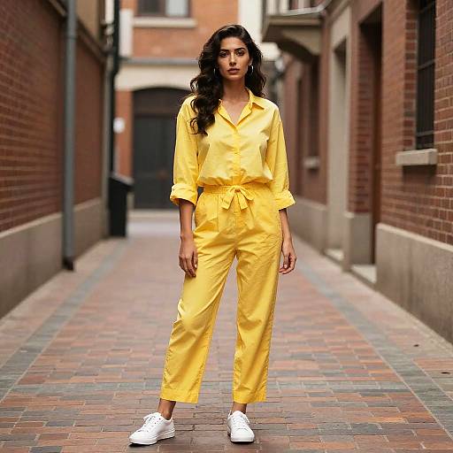 Woman in Yellow Outfit Standing on Brick Alleyway