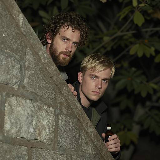 Two Men Hiding Behind Stone Wall at Night