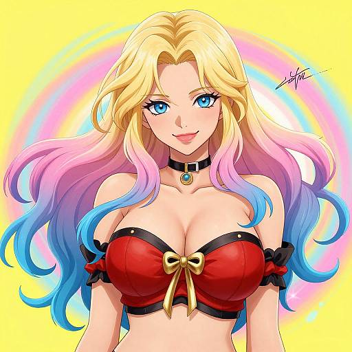 Digital anime-style drawing of a blonde woman with blue and pink hair, blue eyes, red and black strapless top, choker, and bow,
