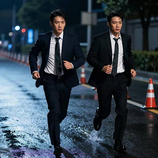 Two Men Running on Wet Night Street
