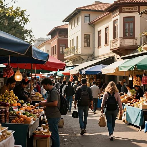 Photograph of a vibrant outdoor market street with colorful canopies, fruit stalls, shoppers, and historic buildings in bright sunlight.
