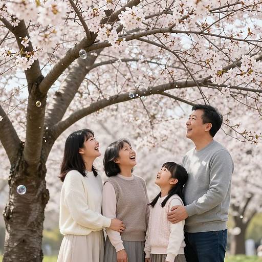 Photograph of a happy Asian family under blooming cherry blossoms. Parents and two children, laughing, wearing casual spring clothes, with sunlight filtering through