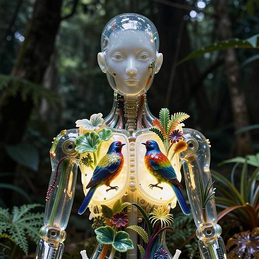 Photograph of a transparent human statue with colorful birds and flowers on chest, illuminated from within, set in a dark, lush forest.