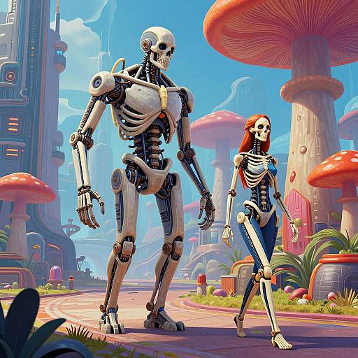 Digital artwork of two humanoid skeletons walking through a colorful, futuristic, mushroom-filled landscape with tall buildings and a bright blue sky.
