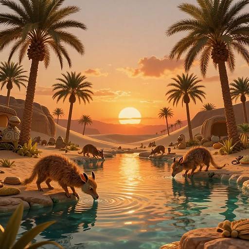 Digital painting of a sunset oasis with palm trees, two furry, spotted creatures drinking from a reflective pool, surrounded by rocky terrain and desert landscape.