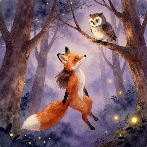 Digital illustration of a red fox with bright eyes, mid-leap, looking up at a wide-eyed owl on a tree branch, surrounded by glowing fire