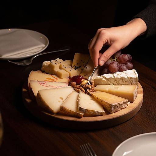 Photograph of a hand cutting into a round cheese platter with various cheeses, a dollop of cherry jam, and grapes on a dark wooden table