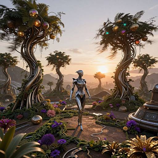 Digital art: Sci-fi android in metallic armor walks through a surreal garden at sunset, surrounded by twisted trees with glowing ornaments.