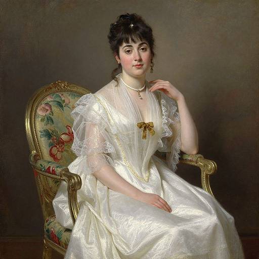 Portrait of a pale-skinned woman with dark hair in an elegant white lace dress, seated on a floral-upholstered gold chair.