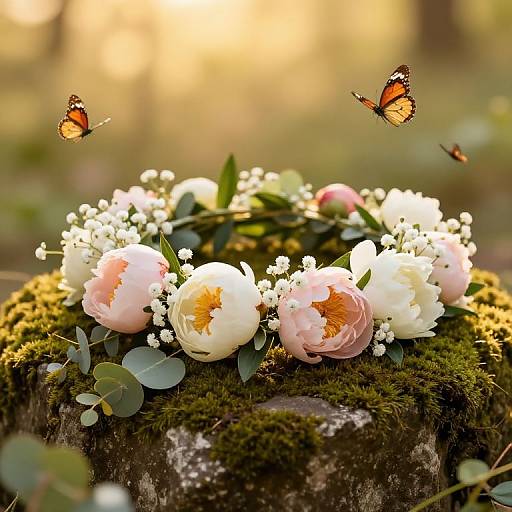 Photograph of a moss-covered tree stump adorned with pink and white peonies, surrounded by delicate white baby's breath, with three orange-and-black
