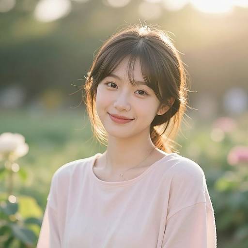 Photograph of a young Asian woman with fair skin, dark brown hair in a loose ponytail, wearing a light pink shirt, smiling softly in a