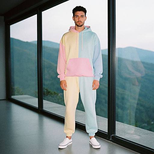 Photograph of a man with dark hair and beard, wearing a pastel pink and white hoodie, white pants, and white slip-on shoes, standing