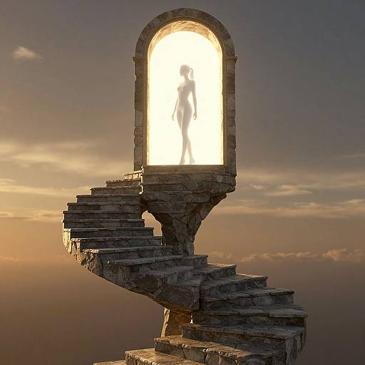 Photograph of a glowing, silhouetted figure inside a stone, arch-shaped portal on a spiraling staircase against a sunset sky.