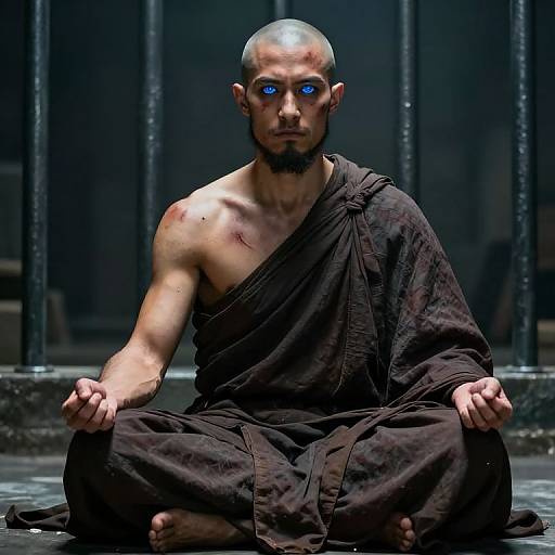 Photograph of a bald, blue-eyed, muscular man with blood on his skin, sitting cross-legged in a dark, grimy room, wearing a