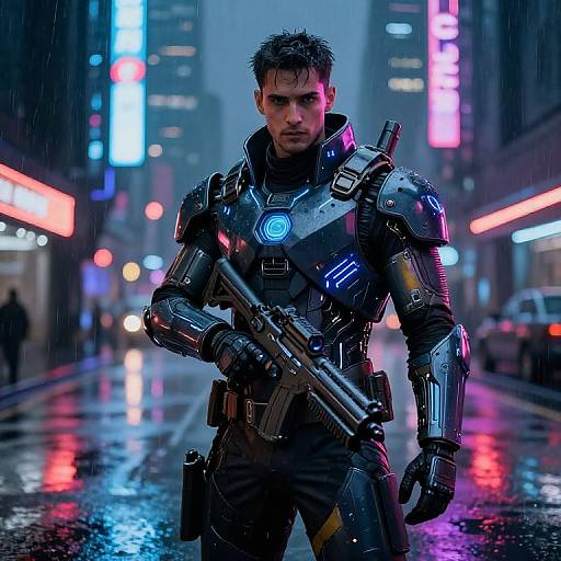 Cybernetic soldier in neon-lit, rainy city street, holding futuristic gun. Bright blue and pink lights reflect on wet pavement. Digital art