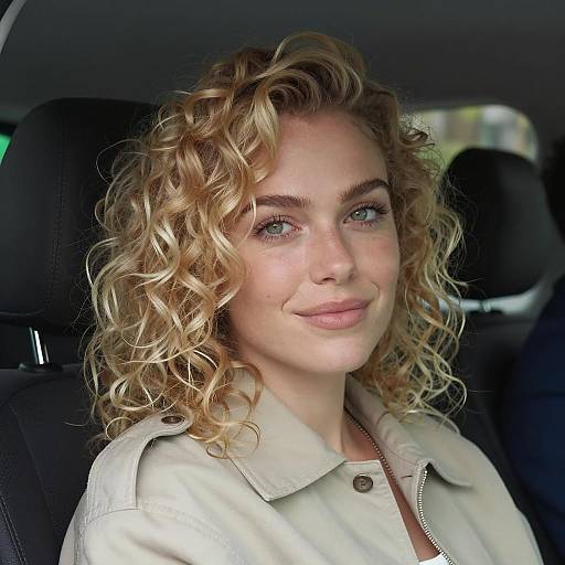 Curly Blonde Woman in Car Interior