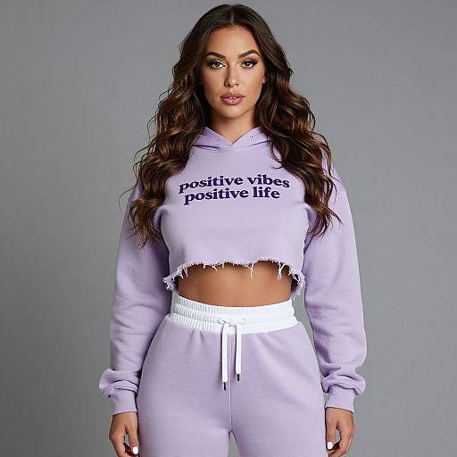 Photograph of a young woman with long wavy brown hair, wearing a light purple cropped hoodie and matching joggers with 