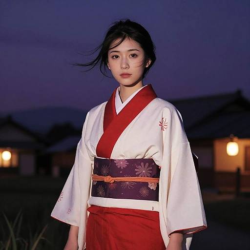 Photograph of an Asian woman in a white and red traditional Japanese kimono with a dark floral sash, standing at dusk in front of illuminated houses