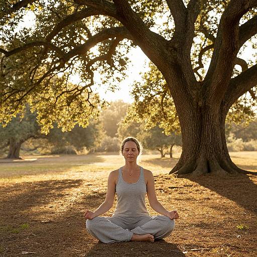 Photograph of a smiling woman with light brown hair in a gray tank top and pants, meditating cross-legged under a large tree at sunset in a