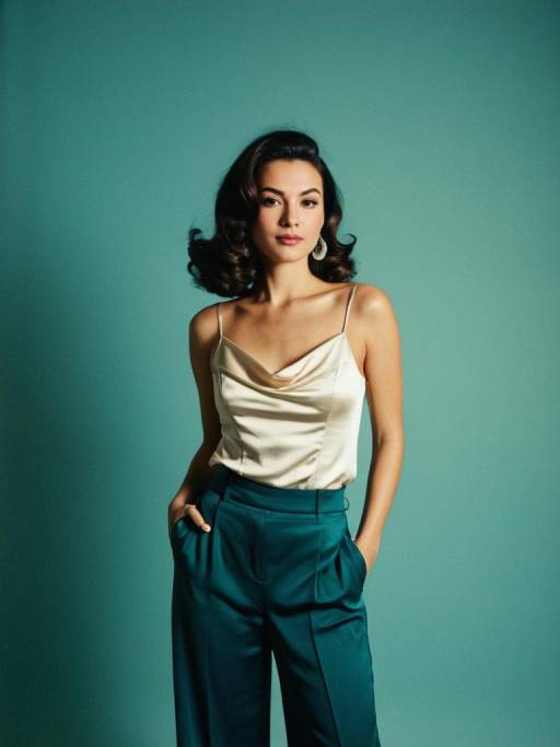 Chic Woman in Satin Camisole and Navy Trousers