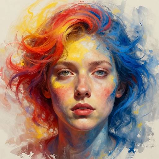 Digital painting of a young woman with vibrant red, blue, and yellow hair, featuring a realistic yet abstract style. Her expression is neutral, with soft