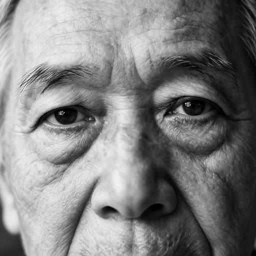 Close-up black-and-white photograph of an elderly man's face, focusing on his deeply wrinkled skin, expressive eyes, and gentle smile.