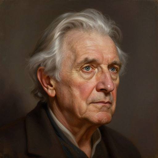 Photorealistic digital portrait of an elderly man with white hair, blue eyes, wrinkled skin, wearing a dark coat, against a dark background.