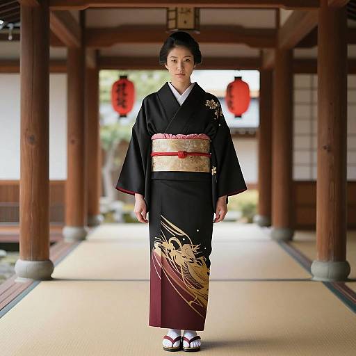 Japanese Woman in Traditional Kimono Indoors
