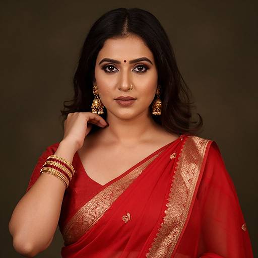 Photograph of an Indian woman with dark hair, wearing a red saree with gold trim, gold jewelry, and a bindi, against a dark