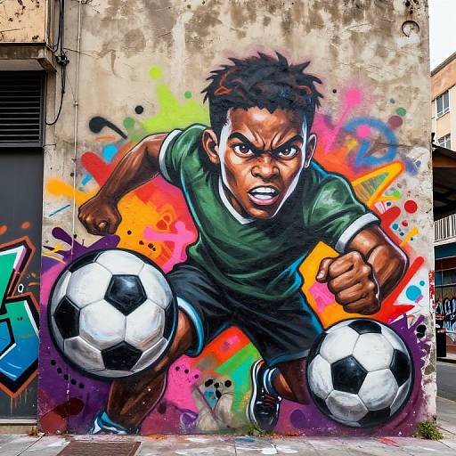 Vivid graffiti mural of an intense young black boy in green soccer uniform, crouching, fists clenched, surrounded by colorful splatters, with