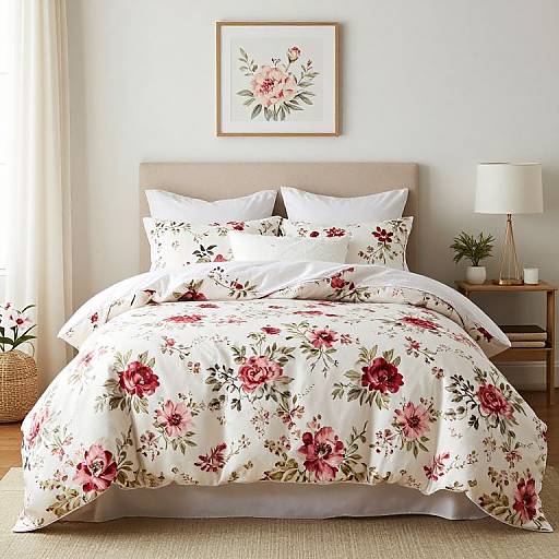 Photograph of a neatly made bed with white floral duvet and pillows, beige headboard, wooden nightstand, white lamp, and floral artwork above