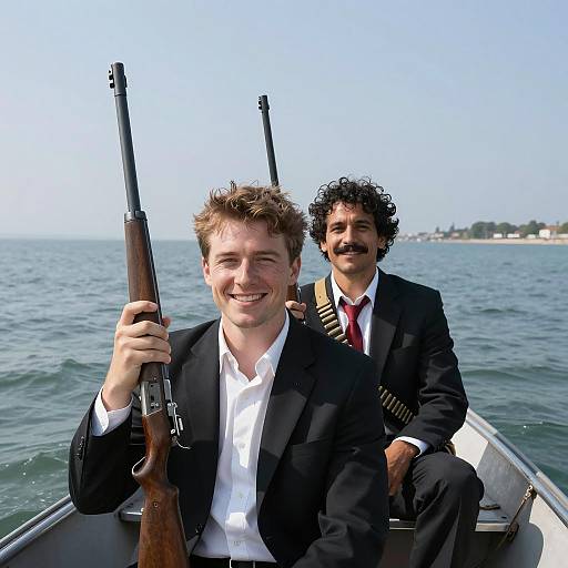 Two Men in Boat Holding Rifles