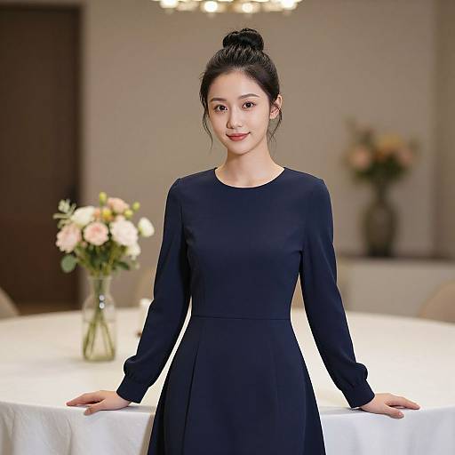 Photograph of an Asian woman with black hair in a bun, wearing a black long-sleeve dress, standing in a softly lit room with a