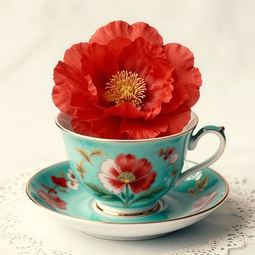 Photograph of a turquoise teacup with red floral patterns, filled with a large, vibrant red poppy flower, on a matching saucer,