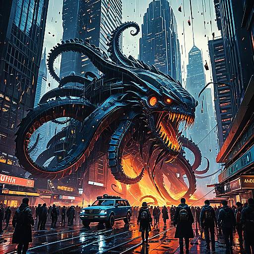 Bio-Mechanical Kraken Siege in Futuristic Cyberpunk City