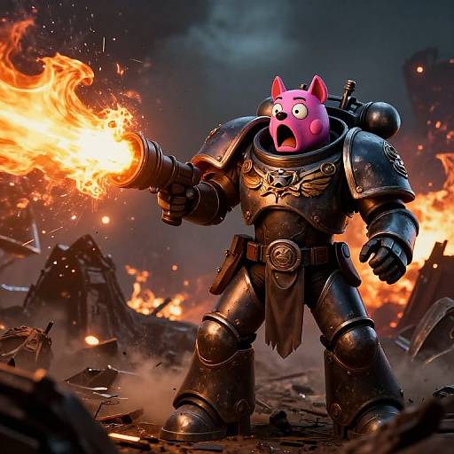 Digital illustration of a pink pig warrior in dark, medieval-style armor, firing a blazing fireball in a smoky, burning battlefield.