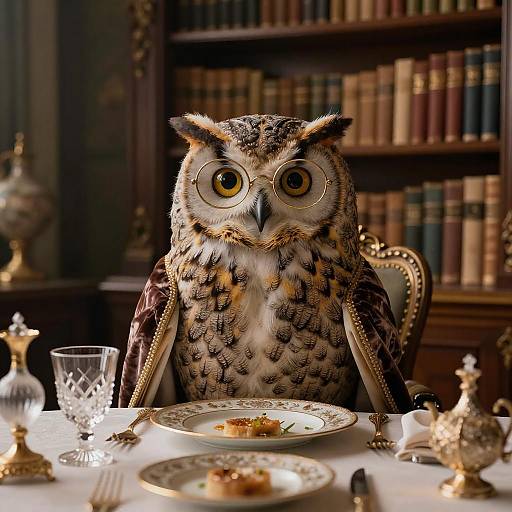 Elegant Owl Scholar in Victorian Library