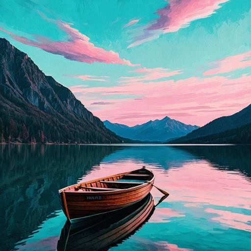 Wooden Boat on Serene Mountain Lake at Dawn