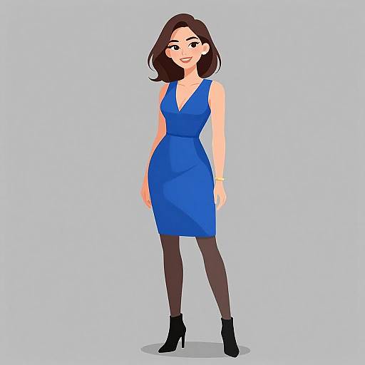 Digital illustration of a smiling woman with brown hair, wearing a blue sleeveless dress, black tights, and black ankle boots, standing against a light