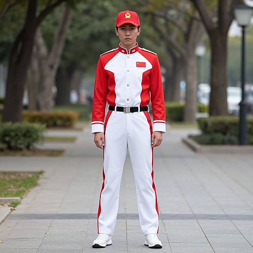 Photograph of a young man standing on a tree-lined sidewalk, wearing a red and white military-style uniform, red cap, black belt, and black