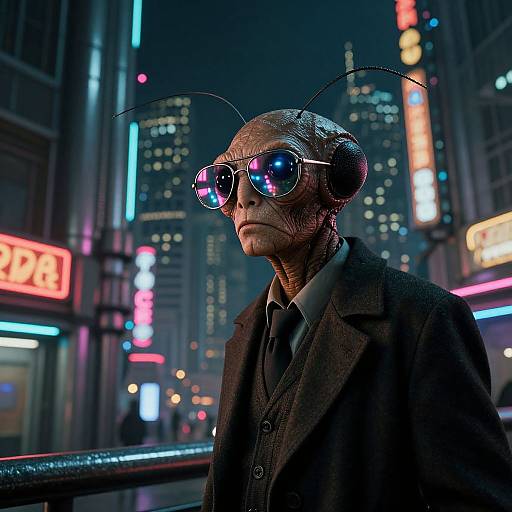 CGI image of an alien in a dark suit with reflective sunglasses, standing in a neon-lit, futuristic city street at night.