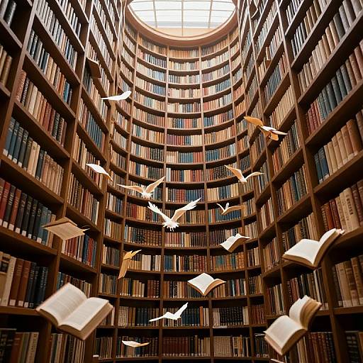Photograph of a grand, circular library with towering wooden bookshelves, books, and white birds mid-flight, surrounded by open books.