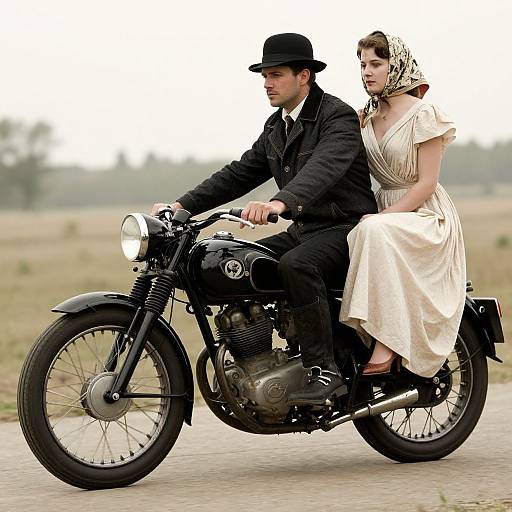 Vintage photograph of a man in a black suit and hat, riding a black motorcycle with a woman in a cream dress and headscarf, both looking