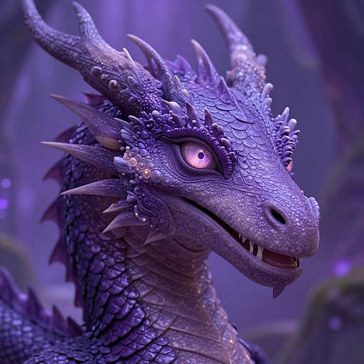 CGI close-up of a detailed, purple-scaled dragon with glowing pink eyes and intricate horn and scale patterns, set against a misty, purple