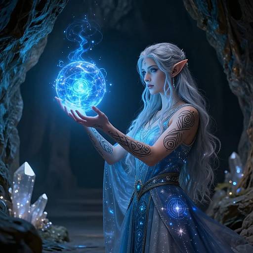 Digital fantasy artwork: Elf woman with white hair, pointed ears, blue dress, intricate arm tattoos, holding glowing blue magical orb in dark, cave-like