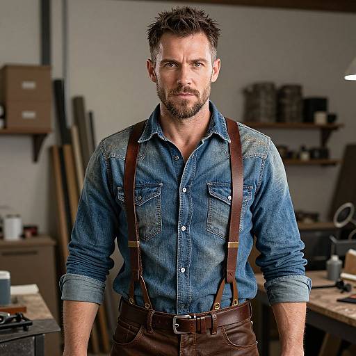 Photograph of a bearded, blue-eyed, muscular man with short brown hair, wearing a blue denim shirt, brown suspenders, and brown pants