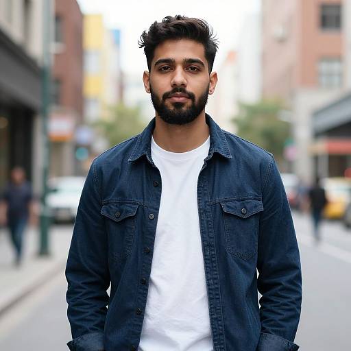 Photograph of a bearded South Asian man with dark hair, wearing a white t-shirt and blue denim jacket, standing on a blurred urban street.