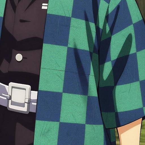 Digital drawing of two characters' clothing: one in black with white buttons and belt, the other in green-blue checkered pattern.