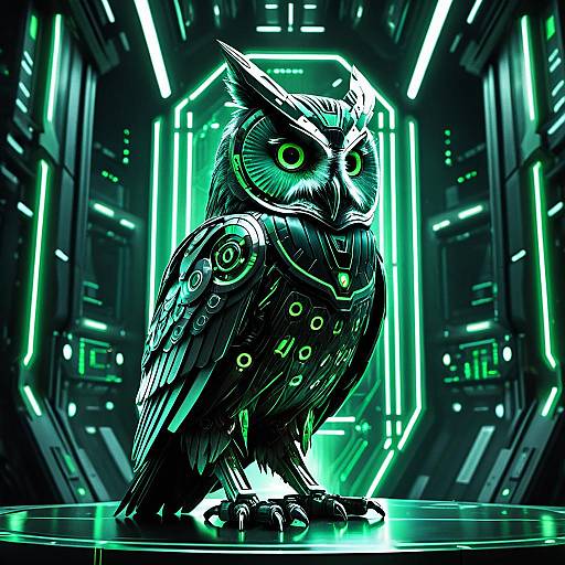 Cybernetic Owl with Glowing Green Lights