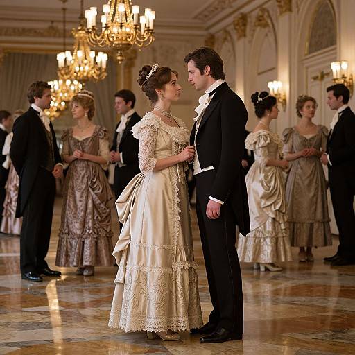 Photograph of a formal ballroom dance; elegant couple in cream lace gown and black tux facing each other, surrounded by guests in vintage dresses and